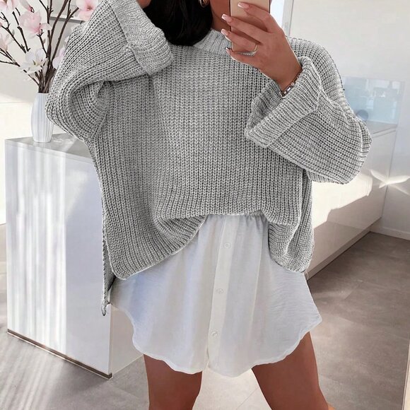 Grey Casual Women's Minimalist Long Split Sweater Top - Picture 7 of 9